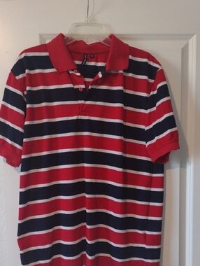 TRUE ROCK Red, Navy & White Striped Polo EUC